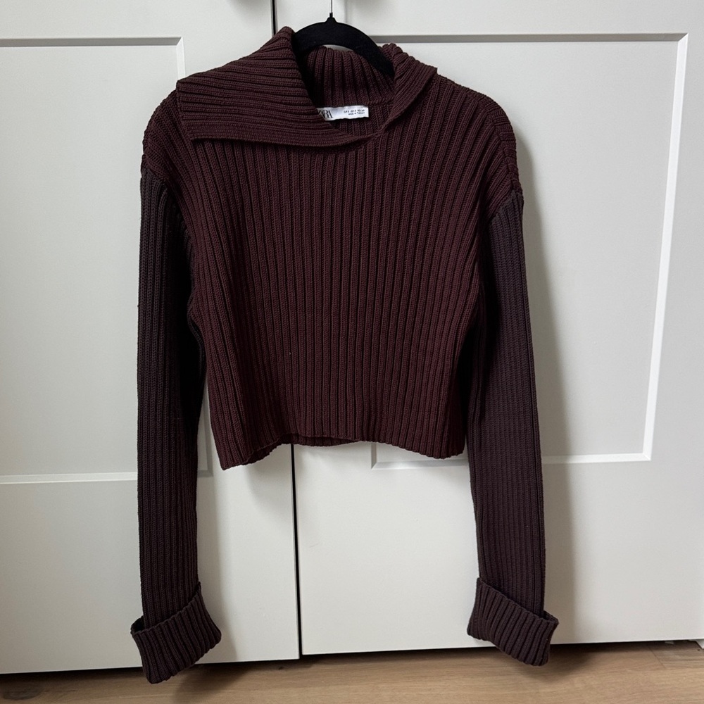 Zara Chocolate Brown Ribbed Cropped Turtleneck Sweater